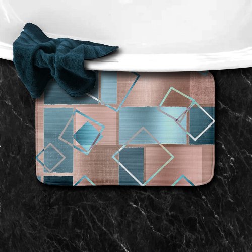 Luxe Abstract  Blush Rose Gold and Teal Geometric Bath Mat