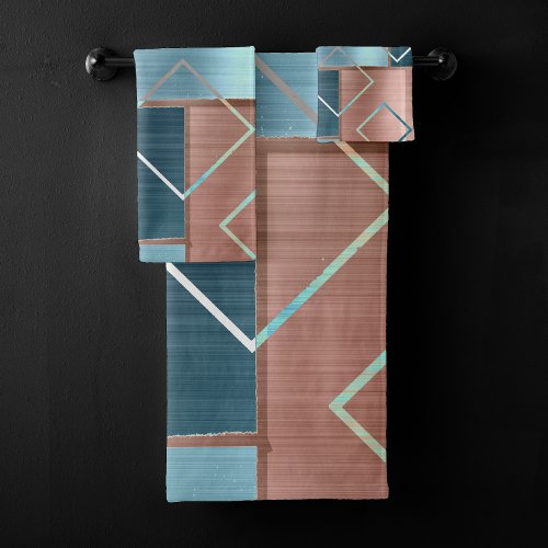 Luxe Abstract  Blush Rose Gold and Teal Geometric Bath Towel Set