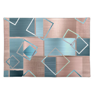 Luxe Abstract   Blush Rose Gold and Teal Geometric Cloth Placemat