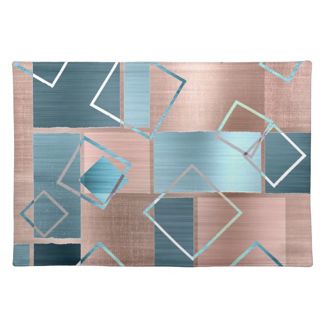 Luxe Abstract | Blush Rose Gold and Teal Geometric Cloth Placemat (Front)