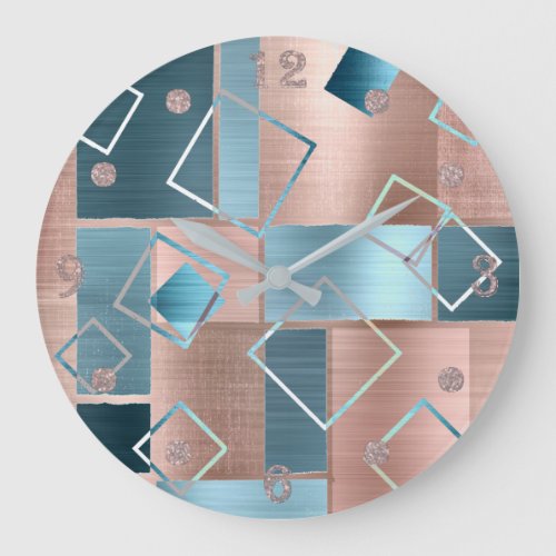 Luxe Abstract  Blush Rose Gold and Teal Geometric Large Clock