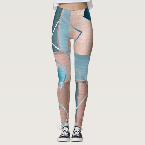 Luxe Abstract  Blush Rose Gold and Teal Geometric Leggings