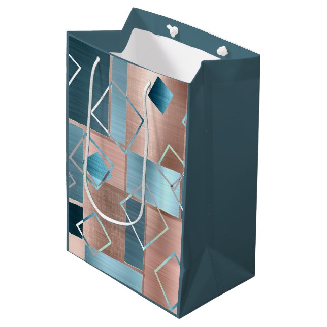 Luxe Abstract | Blush Rose Gold and Teal Geometric Medium Gift Bag (Front Angled)