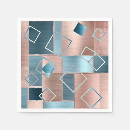 Luxe Abstract  Blush Rose Gold and Teal Geometric Napkins