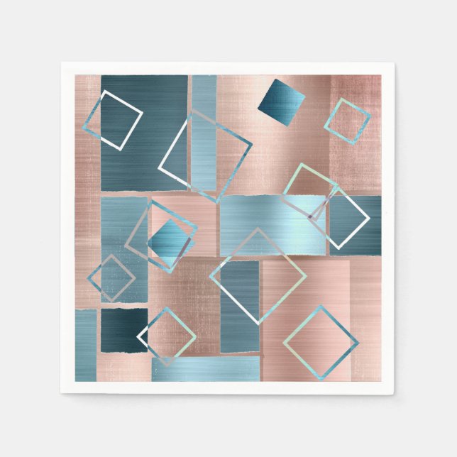 Luxe Abstract | Blush Rose Gold and Teal Geometric Napkins (Front)