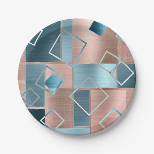 Luxe Abstract   Blush Rose Gold and Teal Geometric Paper Plates