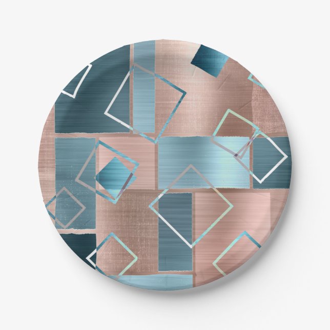 Luxe Abstract | Blush Rose Gold and Teal Geometric Paper Plates (Front)