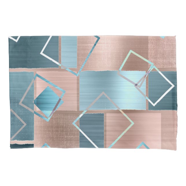 Luxe Abstract | Blush Rose Gold and Teal Geometric Pillow Case (Front)