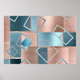 Luxe Abstract   Blush Rose Gold and Teal Geometric Poster