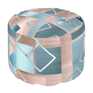 Luxe Abstract   Blush Rose Gold and Teal Geometric Pouf