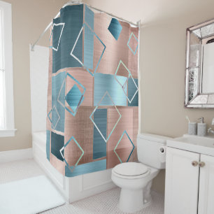Luxe Abstract   Blush Rose Gold and Teal Geometric Shower Curtain