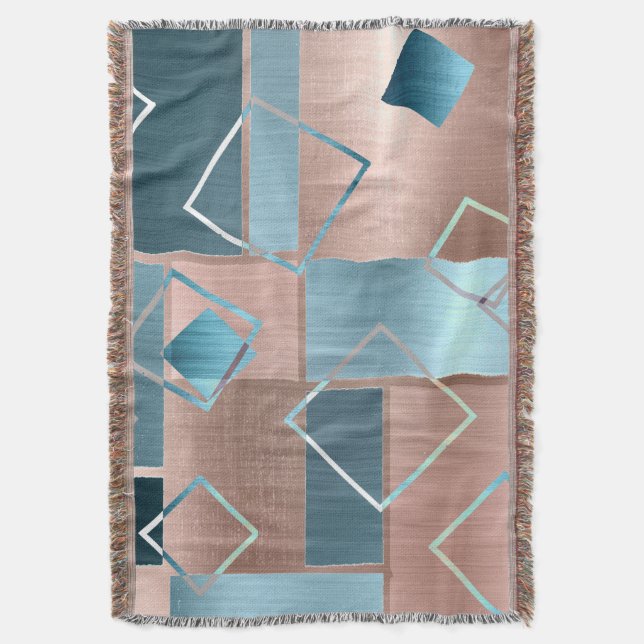 Luxe Abstract | Blush Rose Gold and Teal Geometric Throw Blanket (Front Vertical)