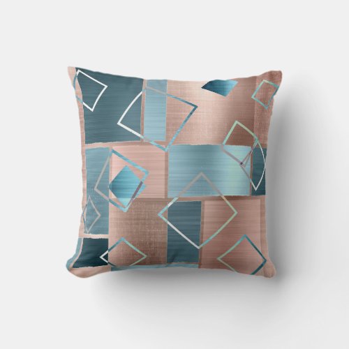 Luxe Abstract  Blush Rose Gold and Teal Geometric Throw Pillow