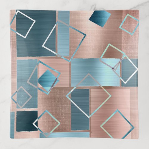 Luxe Abstract  Blush Rose Gold and Teal Geometric Trinket Tray