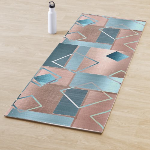 Luxe Abstract  Blush Rose Gold and Teal Geometric Yoga Mat