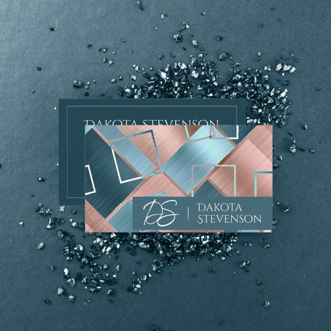 Luxe Abstract | Blush Rose Gold and Teal Monogram Business Card (Creator Uploaded)