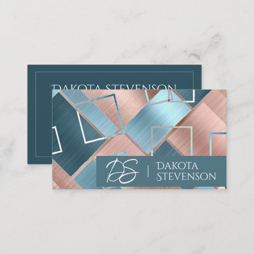 Luxe Abstract  Blush Rose Gold and Teal Monogram Business Card