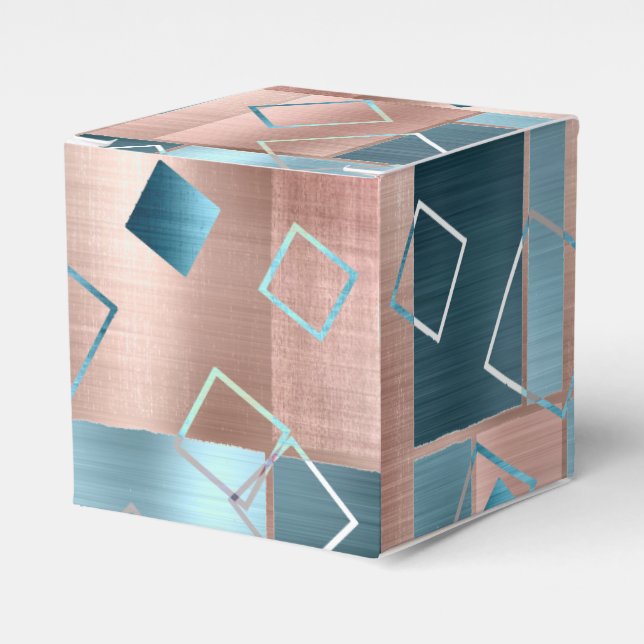 Luxe Abstract | Copper Rose Gold and Teal Shapes Favor Boxes (Front Side)