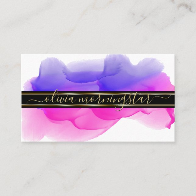 Luxe Abstract Watercolour Ink Blots Indigo Fuchsia Business Card (Front)