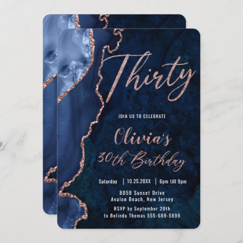 Luxe Agate Sapphire Blue Rose Gold 30th Birthday Invitation