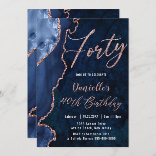 Luxe Agate Sapphire Blue Rose Gold 40th Birthday  Invitation