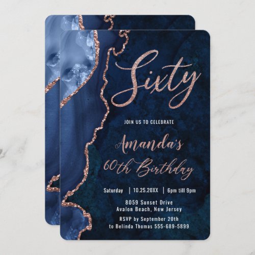 Luxe Agate Sapphire Blue Rose Gold 60th Birthday   Invitation