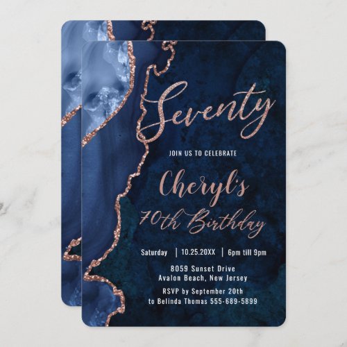 Luxe Agate Sapphire Blue Rose Gold 70th Birthday  Invitation