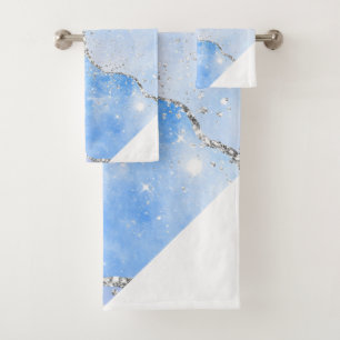 LUXE AQUA BLUE SPARKLE MARBLE CUSTOM ANGLE BATH TOWEL SET