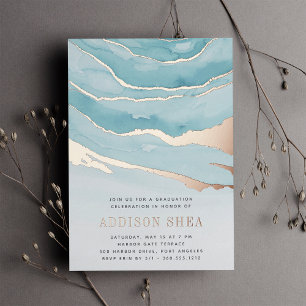 Luxe Aqua Marble Graduation Party Foil Invitation