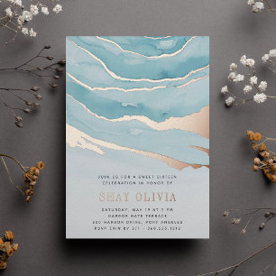 Luxe Aqua Marble Sweet Sixteen Birthday Foil Invitation
