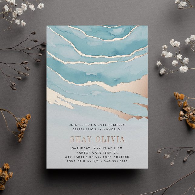 Luxe Aqua Marble Sweet Sixteen Birthday Foil Invitation (Creator Uploaded)