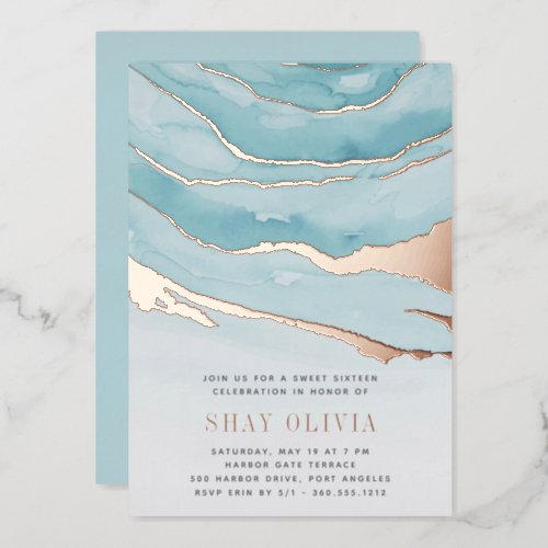 Luxe Aqua Marble Sweet Sixteen Birthday Foil Invitation