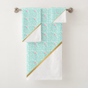 LUXE AQUA VINTAGE FLORAL GOLD BATH TOWEL SET