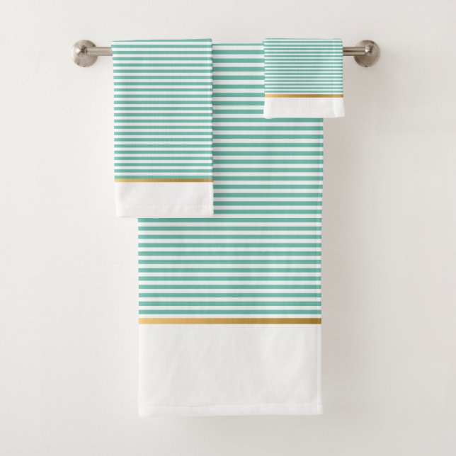 LUXE AQUA WHITE STRIPE GOLD BATHROOM TOWEL SET (Insitu)