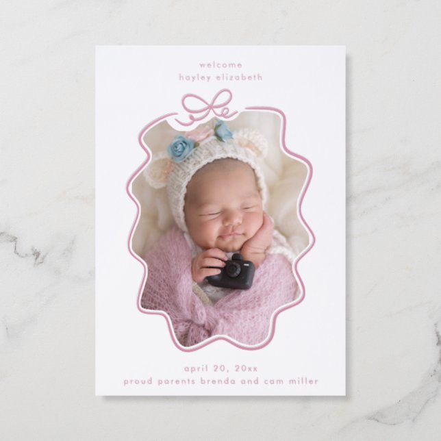 Luxe Baby Announcement, Doodle Frame in Pink Letterpress Photo Cards (Front)