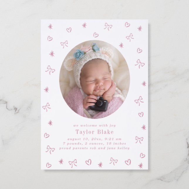 Luxe Baby Announcement, Doodle Frame Letterpress Photo Cards (Front)