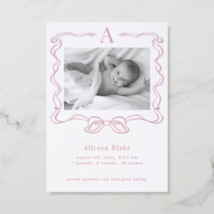 Luxe Baby Announcement Pink Bow Letterpress Card