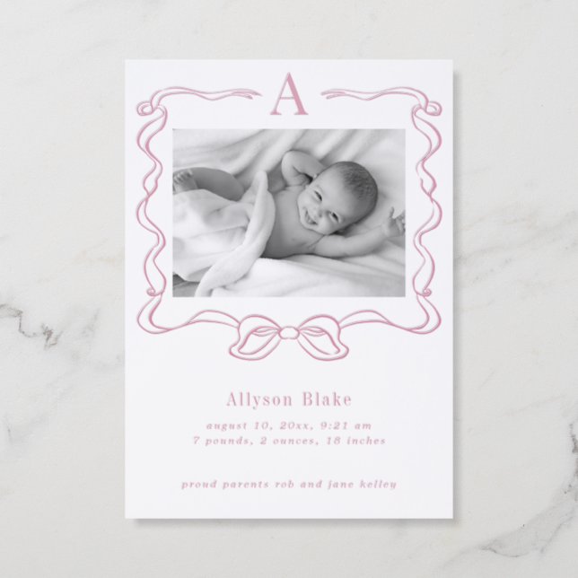 Luxe Baby Announcement Pink Bow Letterpress Card (Front)