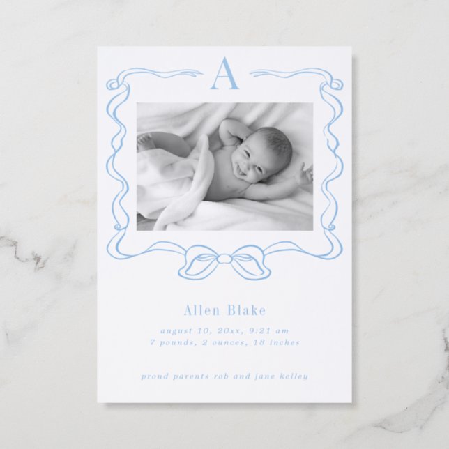 Luxe Baby Blue Bow Frame Letterpress Photo Cards (Front)