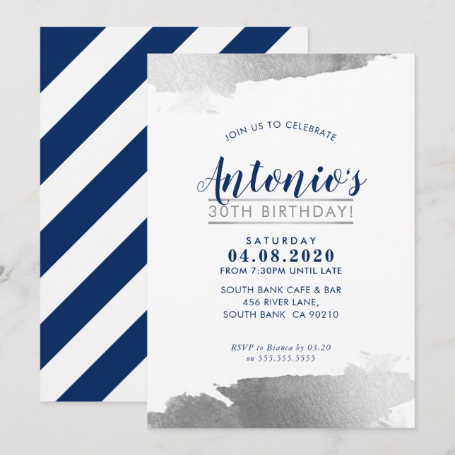 LUXE BIRTHDAY PARTY INVITE modern gilded silver (Front/Back)