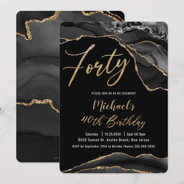 Luxe Black Agate Marble Gold Glitter 40th Birthday Invitation (Front/Back)