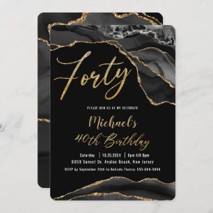 Luxe Black Agate Marble Gold Glitter 40th Birthday Invitation