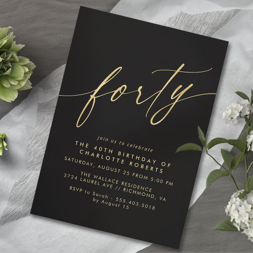 Luxe Black and Gold  Delicate Glam 40th Birthday Invitation