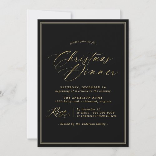 Luxe Black and Gold  Formal Christmas Dinner Invitation