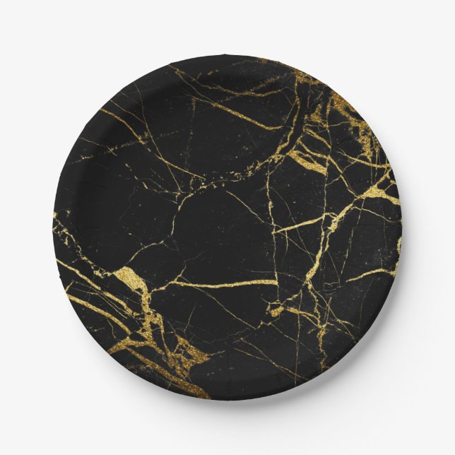 Luxe Black and Gold Marble Texture Paper Plates (Front)