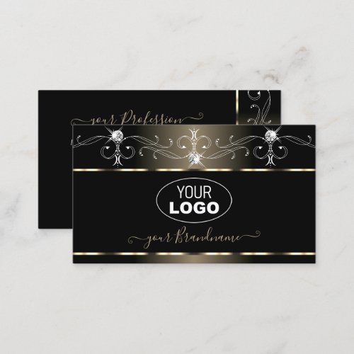 Luxe Black Beige Squiggles Sparkle Jewels Add Logo Business Card
