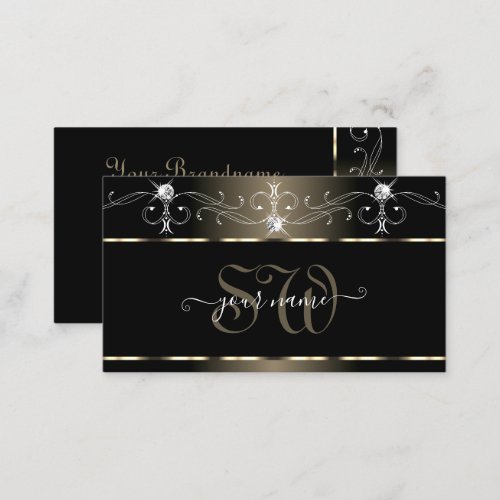 Luxe Black Beige Squiggles Sparkle Jewels Initials Business Card