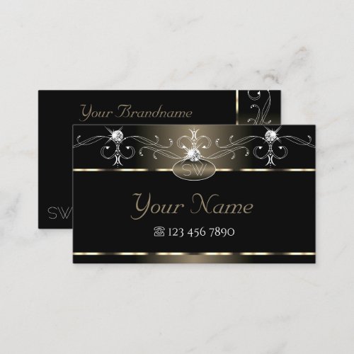Luxe Black Beige Squiggles Sparkle Jewels Monogram Business Card