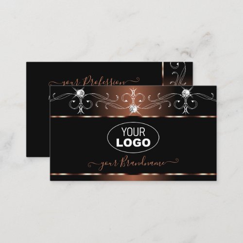 Luxe Black Brown Squiggles Sparkle Jewels Add Logo Business Card