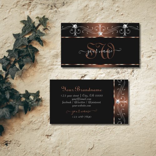 Luxe Black Brown Squiggles Sparkle Jewels Initials Business Card